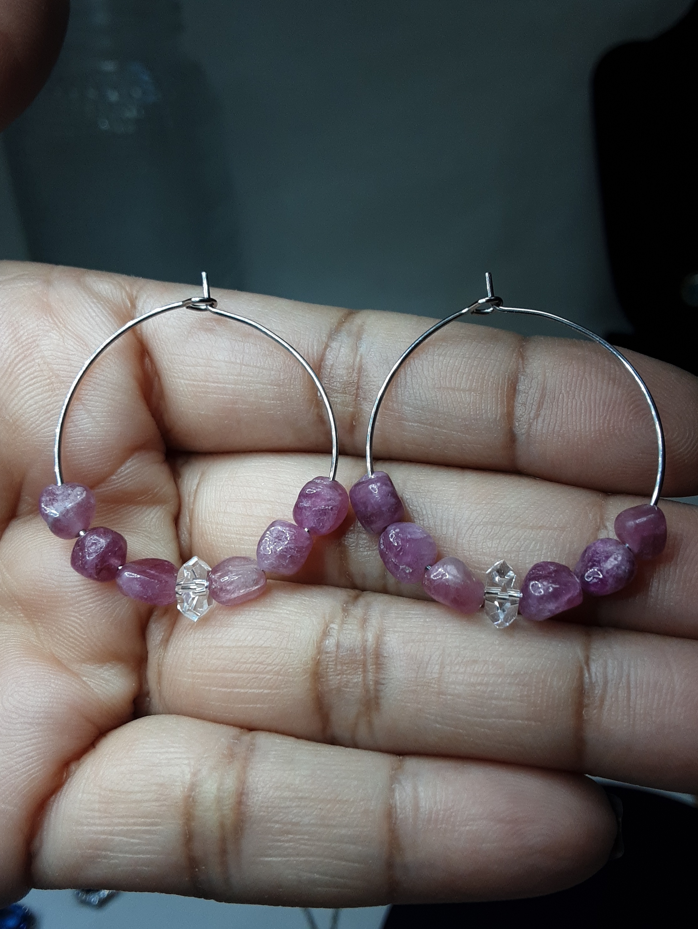 Small Stainless Steel Pink Tourmaline Herkimer Diamond Quartz Hoop Earrings Small Stainless Steel Pink Tourmaline Herkimer Diamond Quartz Hoop Earrings